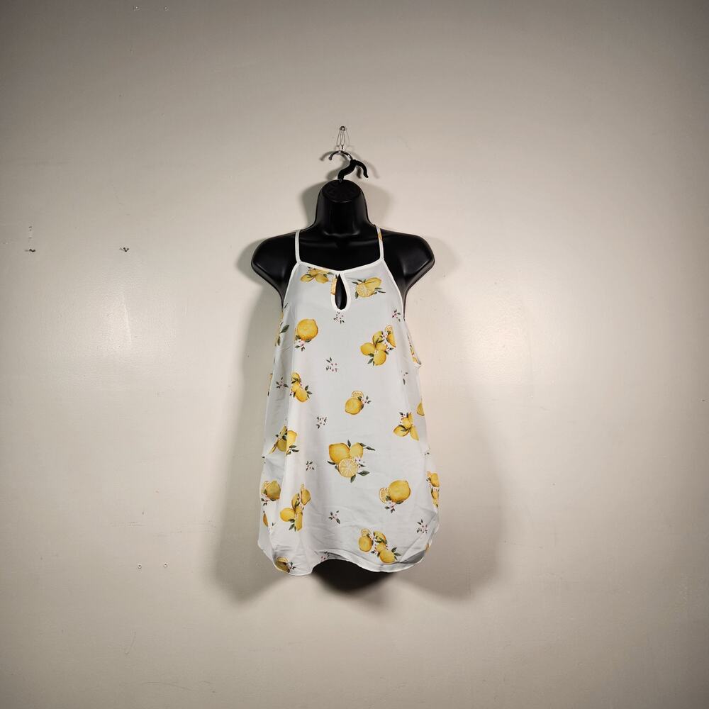 HAUTE FOX Vtg Halter Top Blouse Camisole Women 1X White Yellow Lemons Semi Sheer